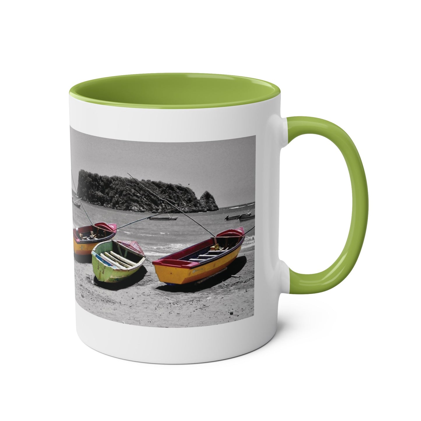 Port Maria Beach Mug – Colorful Boats with Black & White Jamaican Seascape