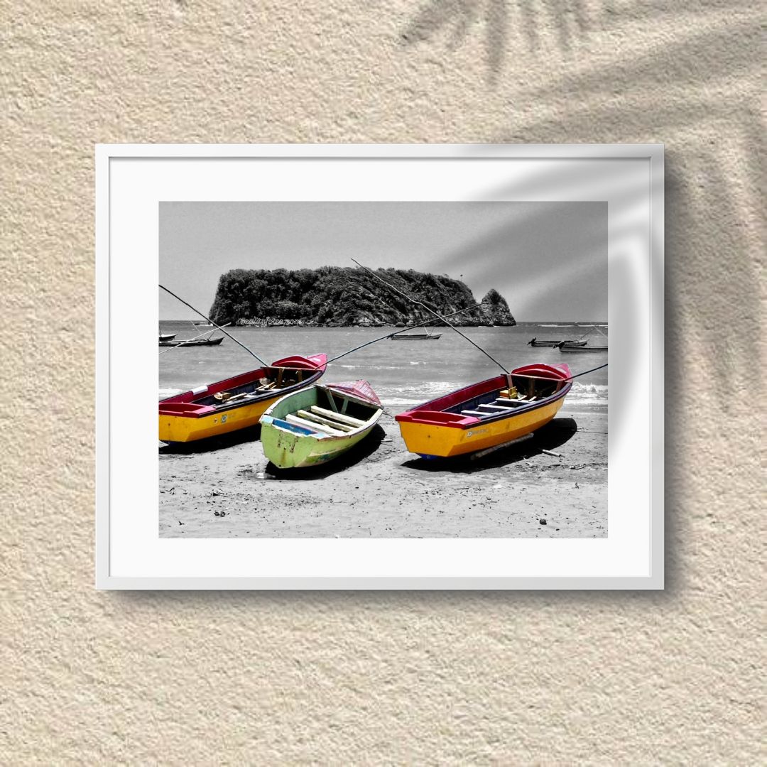 Jamaica Sandy Beach with Three Colorful Fishing Boats - Framed Wall Art Print