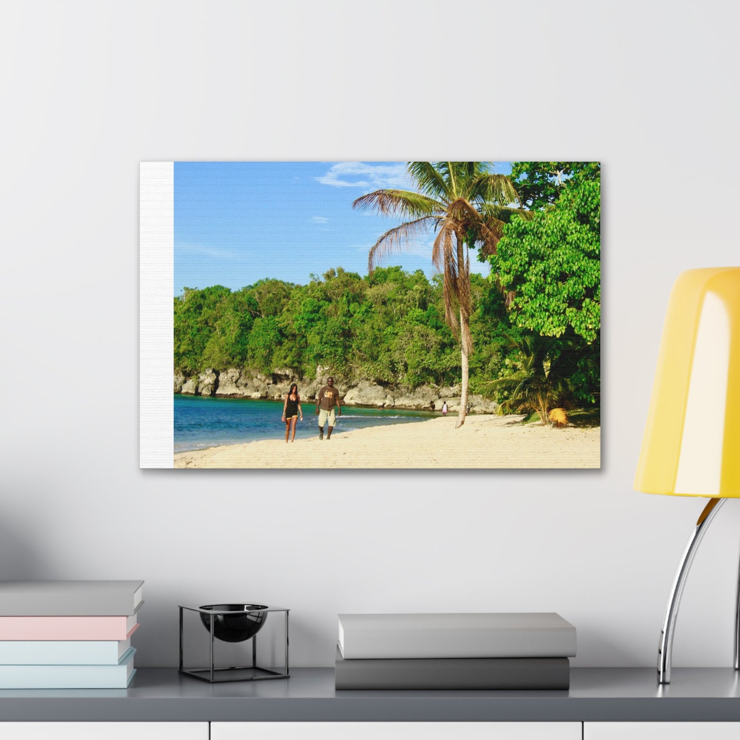 Canvas Wall Art - Jamaica Beach Scene with Palm Tree and Strolling Adults