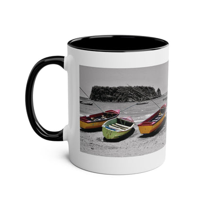 Port Maria Beach Mug – Colorful Boats with Black & White Jamaican Seascape