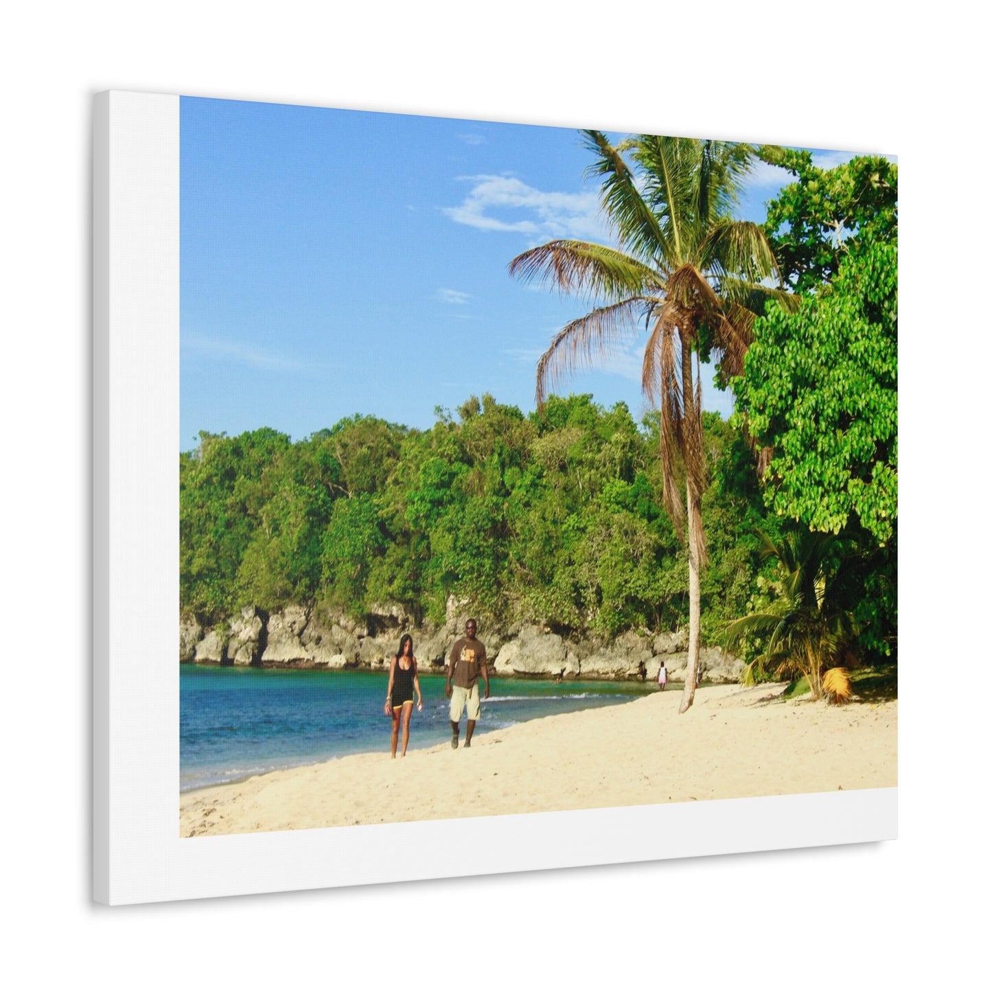 Canvas Wall Art - Jamaica Beach Scene with Palm Tree and Strolling Adults