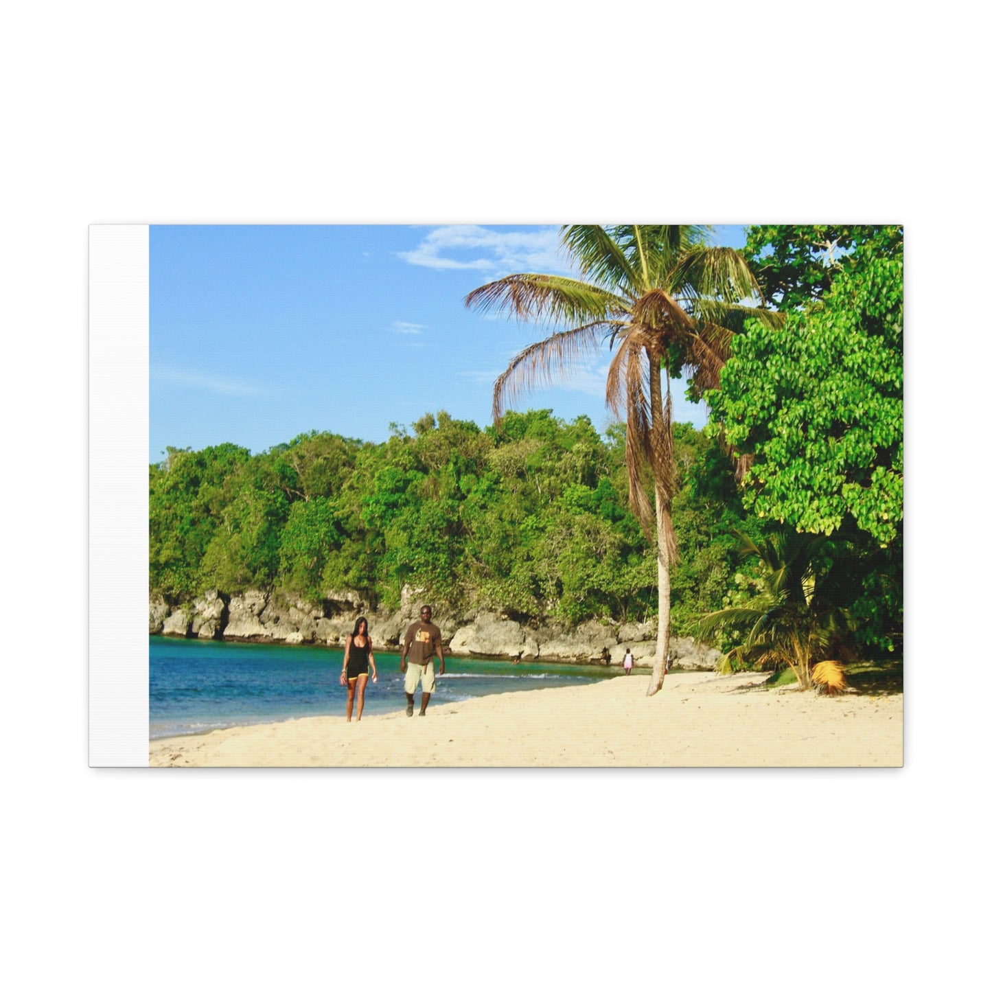 Canvas Wall Art - Jamaica Beach Scene with Palm Tree and Strolling Adults