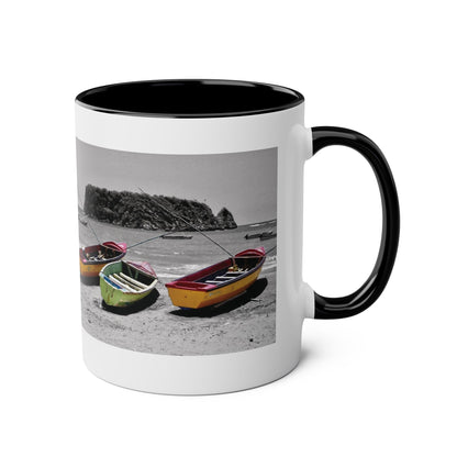 Port Maria Beach Mug – Colorful Boats with Black & White Jamaican Seascape