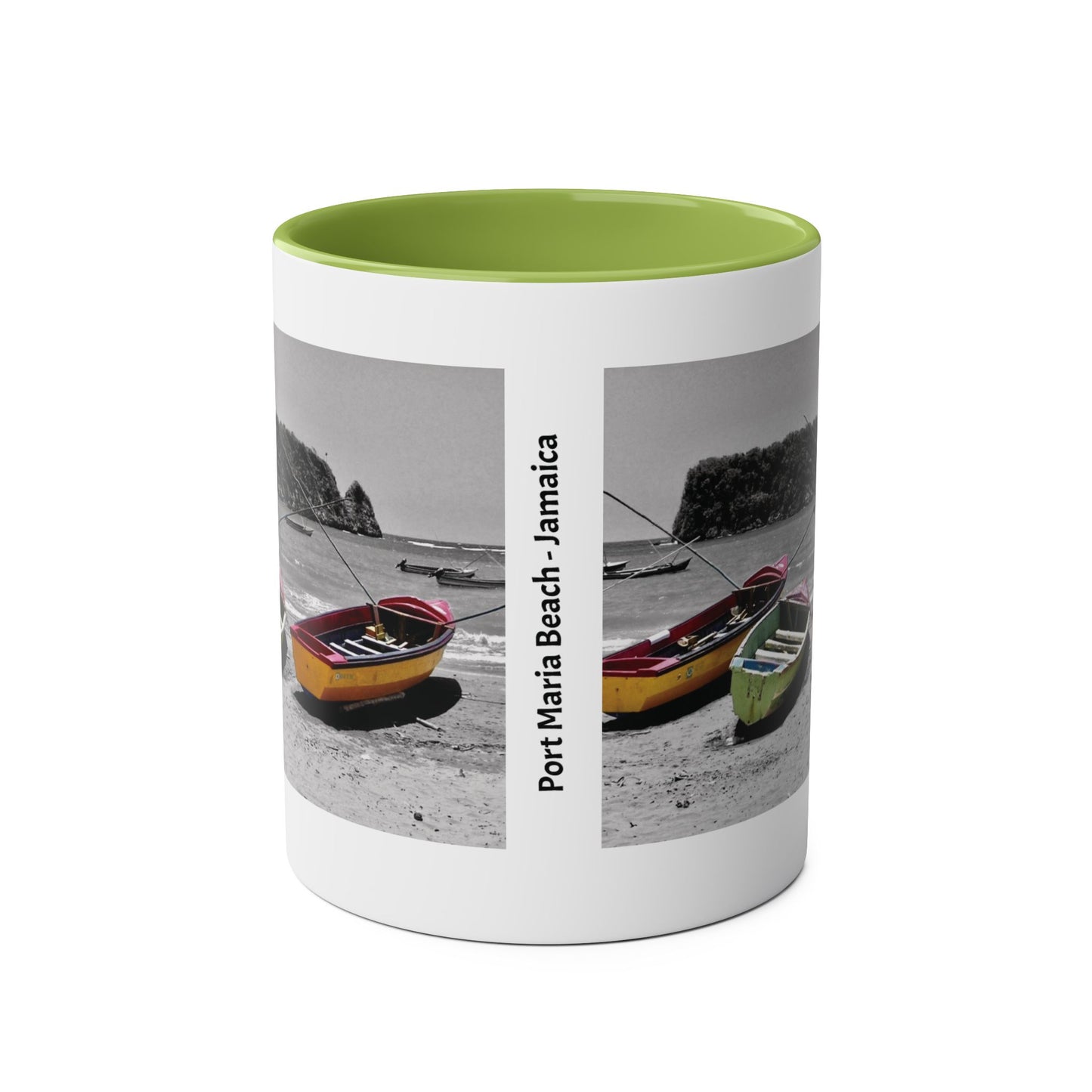 Port Maria Beach Mug – Colorful Boats with Black & White Jamaican Seascape