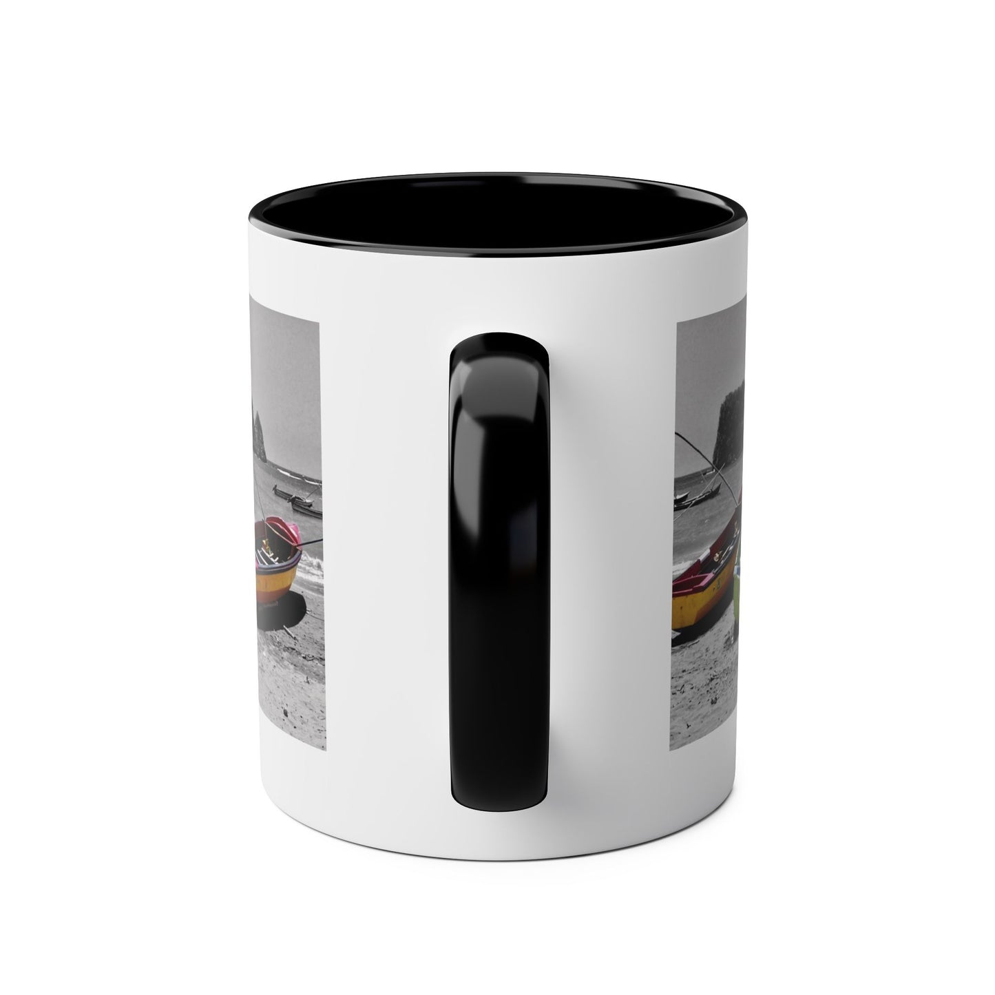 Port Maria Beach Mug – Colorful Boats with Black & White Jamaican Seascape