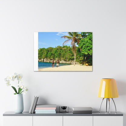 Canvas Wall Art - Jamaica Beach Scene with Palm Tree and Strolling Adults