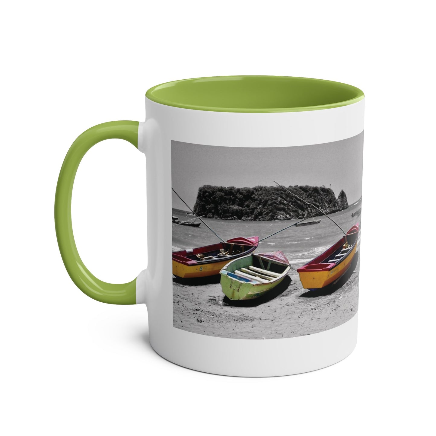 Port Maria Beach Mug – Colorful Boats with Black & White Jamaican Seascape