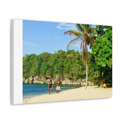 Canvas Wall Art - Jamaica Beach Scene with Palm Tree and Strolling Adults