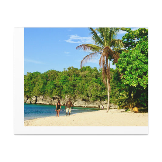 Canvas Wall Art - Jamaica Beach Scene with Palm Tree and Strolling Adults