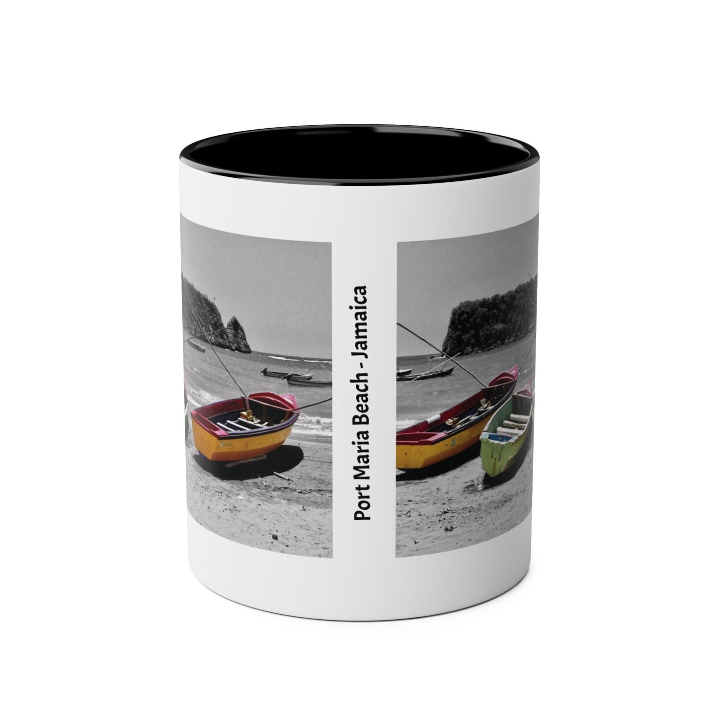 Port Maria Beach Mug – Colorful Boats with Black & White Jamaican Seascape