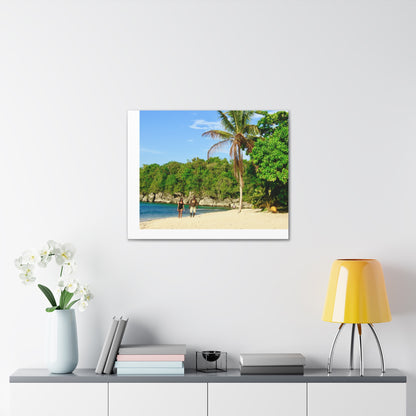 Canvas Wall Art - Jamaica Beach Scene with Palm Tree and Strolling Adults