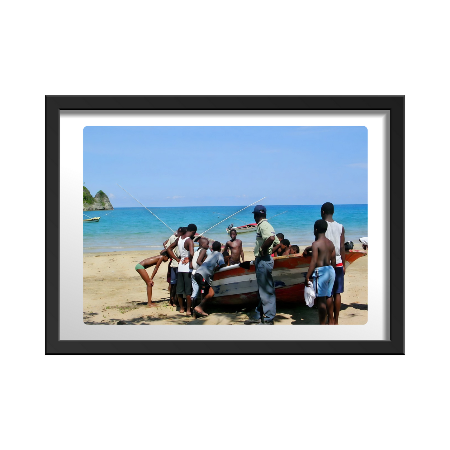 Boys Gather Around Fishing Boat - Beachside Adventure