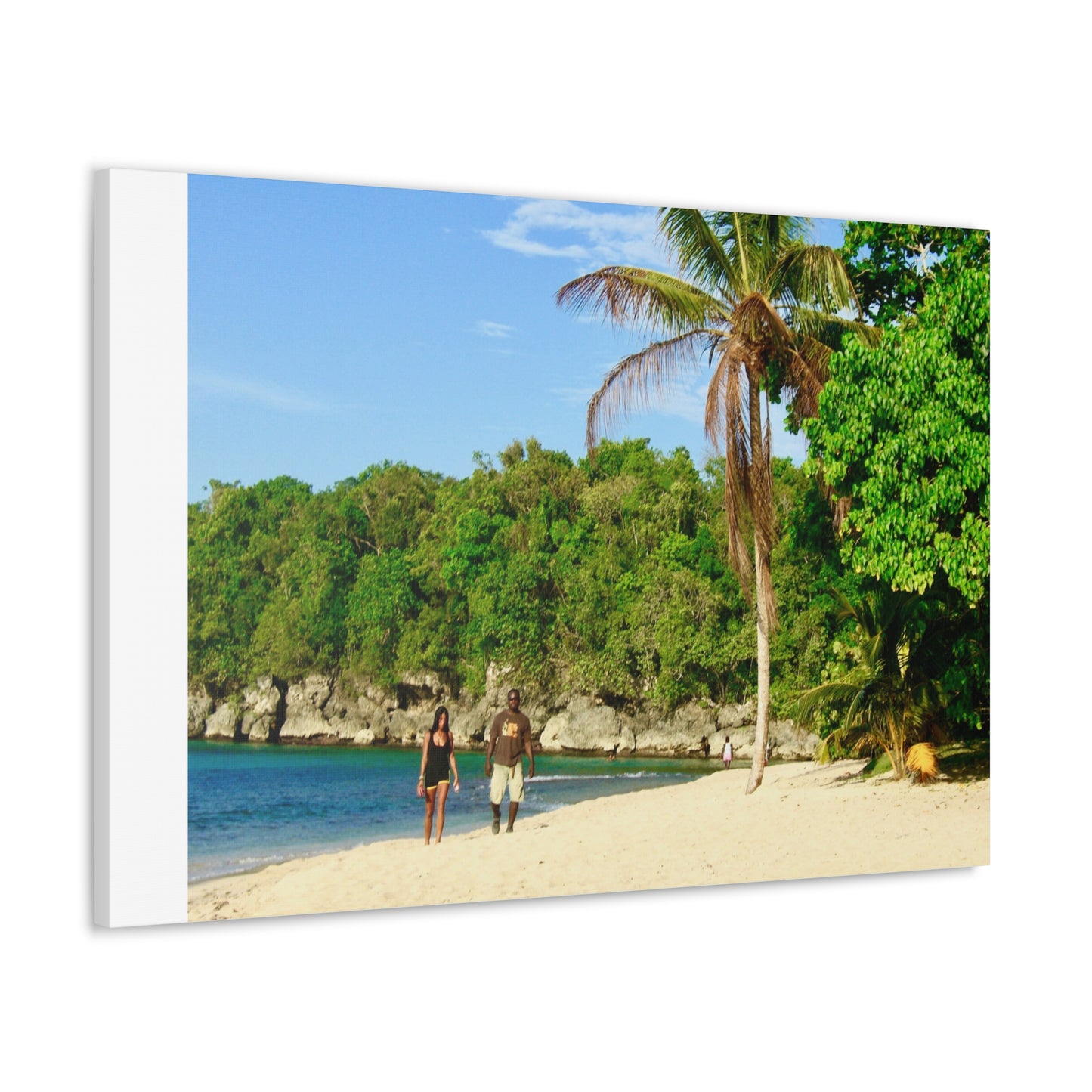 Canvas Wall Art - Jamaica Beach Scene with Palm Tree and Strolling Adults