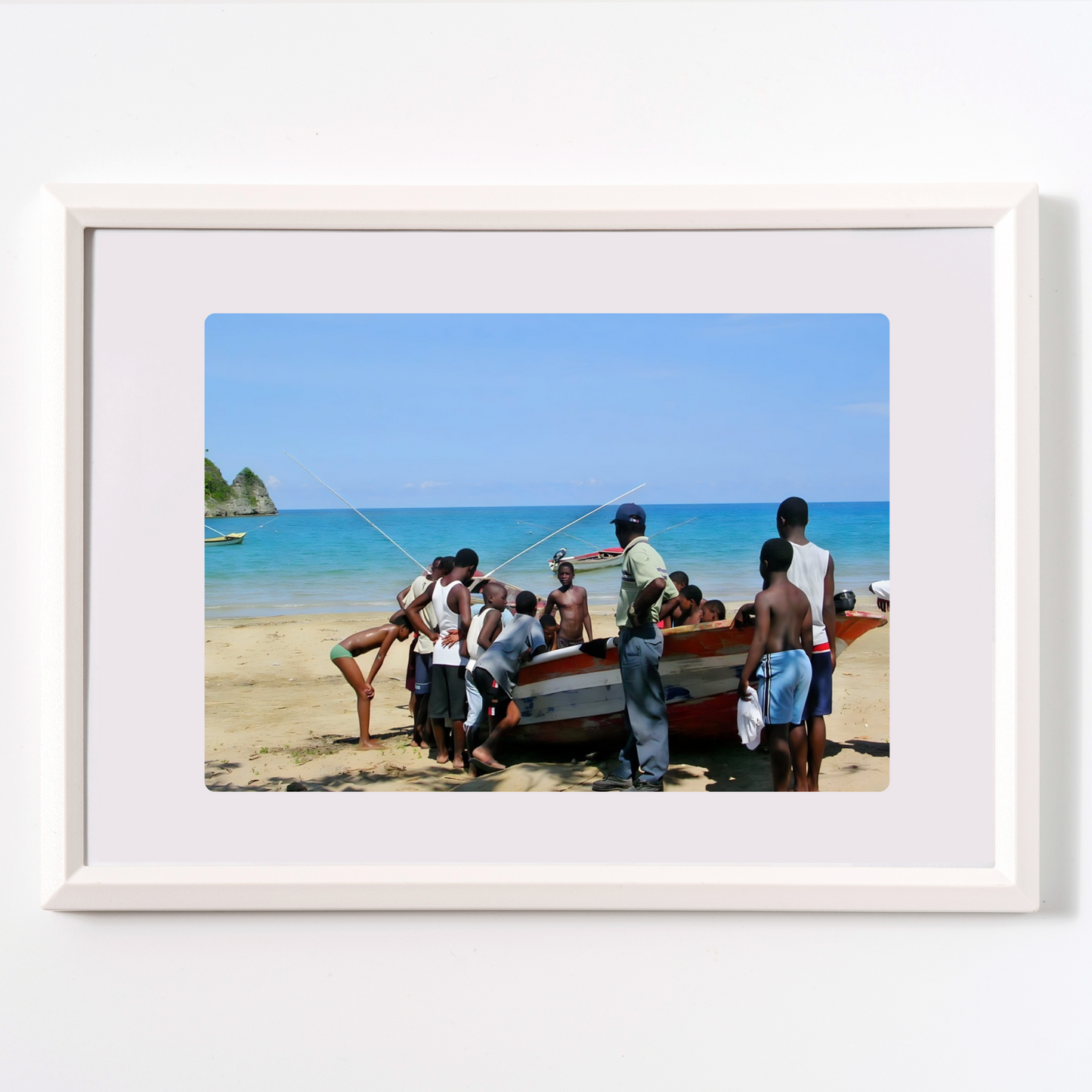 Boys Gather Around Fishing Boat - Beachside Adventure