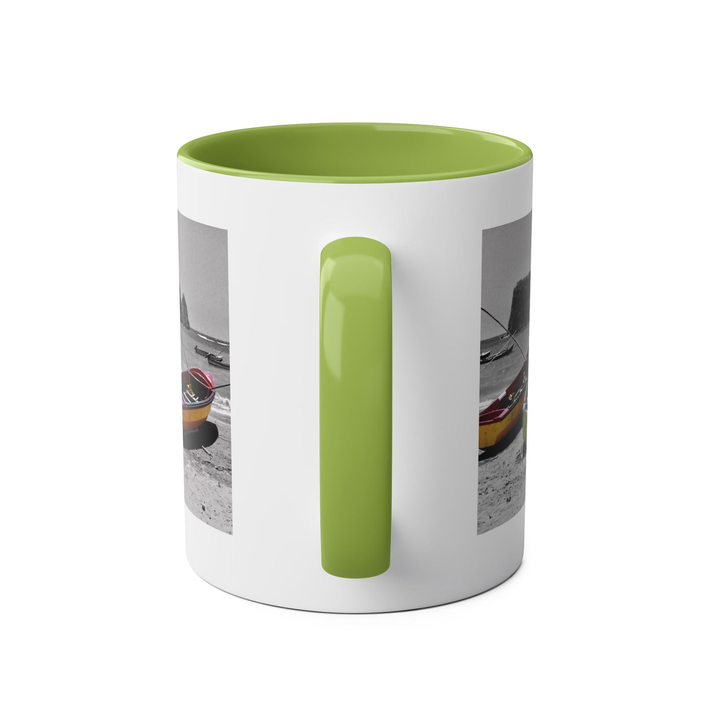 Port Maria Beach Mug – Colorful Boats with Black & White Jamaican Seascape