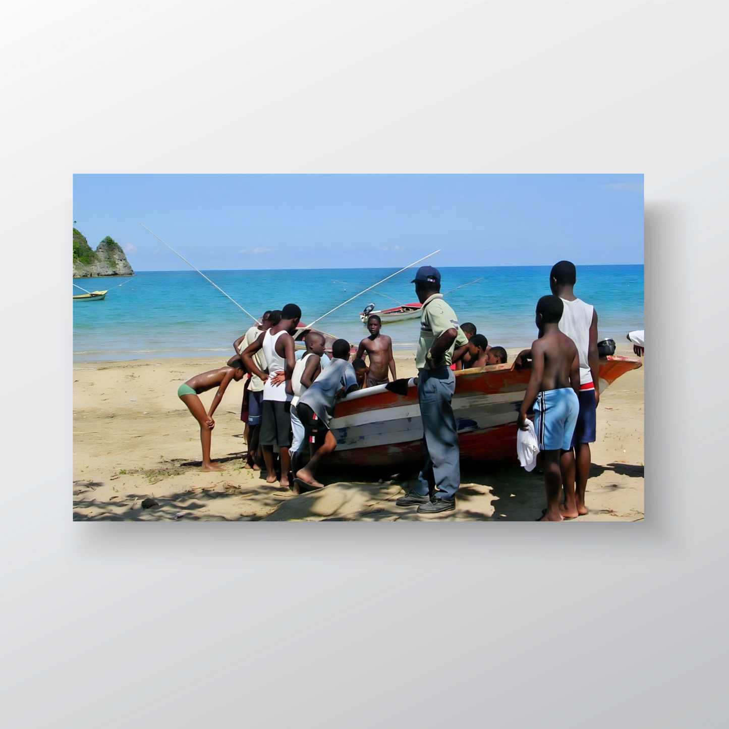 Boys Gather Around Fishing Boat - Beachside Adventure