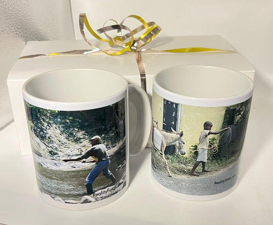 2 Mugs - Gift Set - Man & Boy with Donkey, Images of Rural Jamaica: