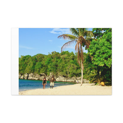 Canvas Wall Art - Jamaica Beach Scene with Palm Tree and Strolling Adults