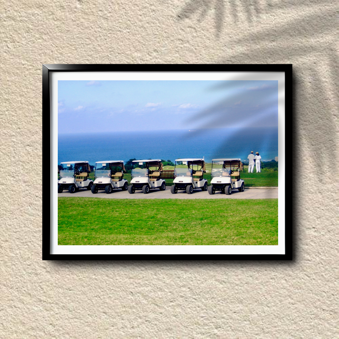 Jamaica Golf Course - A Row of Gulf Carts Overlooking Beach