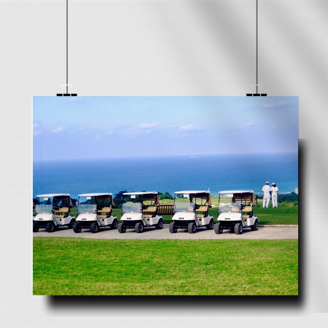 Jamaica Golf Course - A Row of Gulf Carts Overlooking Beach