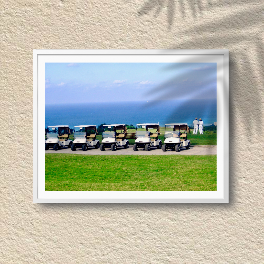 Jamaica Golf Course - A Row of Gulf Carts Overlooking Beach