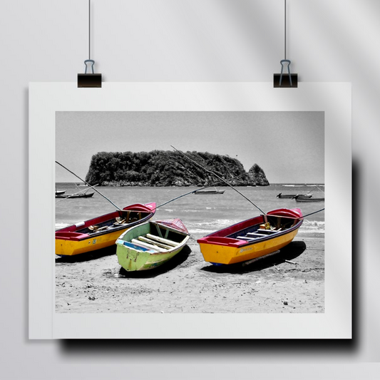 Jamaica Sandy Beach with Three Colorful Fishing Boats -  Framed Wall Art Print